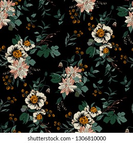 Trendy bright Floral pattern in the many kind of flowers. Botanical Motifs scattered random. Seamless vector texture. For fashions. Silhouettes of a shadow of plants