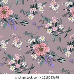 Trendy bright Floral pattern in the many kind of flowers. Botanical Motifs scattered random. Seamless vector texture. For fashions. Silhouettes of a shadow of plants