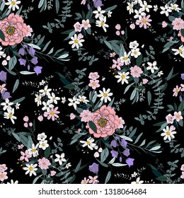 Trendy bright Floral pattern in the many kind of flowers. Botanical Motifs scattered random. Seamless vector texture. For fashions. Silhouettes of a shadow of plants