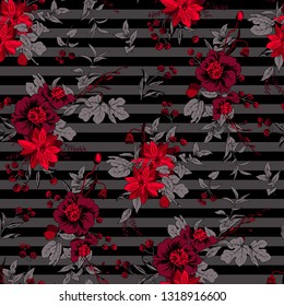 Trendy bright Floral pattern in the many kind of flowers. Botanical Motifs scattered random. Seamless vector texture. For fashions. Black stripes background. Red flowers and berries