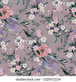 Trendy bright Floral pattern in the many kind of flowers. Botanical Motifs scattered random. Seamless vector texture. For fashions. Silhouettes of a shadow of plants