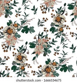 Trendy bright Floral pattern in the many kind of flowers. Botanical Motifs scattered random. Seamless vector texture. For fashions. 