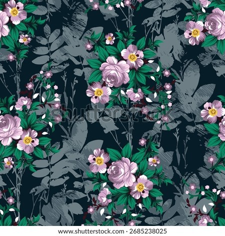 Trendy bright Floral pattern in the many kind of flowers. Botanical Motifs scattered random. Seamless vector texture. For fashions. Silhouettes of a shadow of plants.