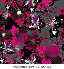 Trendy, bright, floral, seamless pattern. A lot of fantastic flowers in pink, black and burgundy tones on a dark background. For fabrics, wallpapers, wrapping paper, trendy prints.