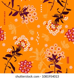 Trendy and bright geometric flower mix with garden leaf in the garden ,colorful mood for fashion fabric,wallpaper and all prints on orange background.