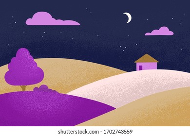 Trendy bright landscape, trendy background. Beautiful nature, field, sky, house. Texture noise.