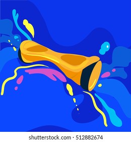 Trendy bright orange gyroscooter. Colorful blue illustration, poster. Convenient urban eco transport. Electric charging