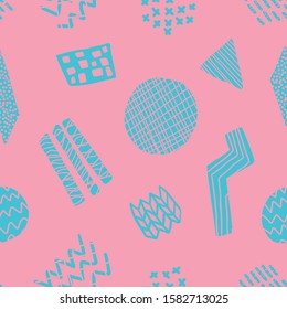 Trendy bright pink and blue seamless pattern with hand drawn doodle striped geometric shapes. Abstract contrast fashion vector texture for textile, wrapping paper, surface, background, wallpaper