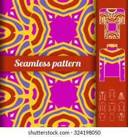 Trendy bright seamless pattern with examples of usage. Fashion clothes vector illustration. Set of clothes icons included. Sorted in layers for easy editing.