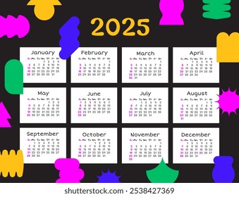 Trendy bright shapes vector calendar 2025 template. Wall planner 