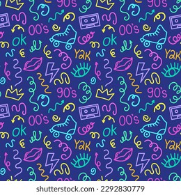 El diseño moderno y luminoso de las gafas es impecable. Formas de doodle de línea divertida de los símbolos 90 con confetti rizado. Huella infantil simple. Para textiles, fondo, embalaje