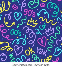 El diseño moderno y luminoso de las gafas es impecable. Divertido doodle colorido con formas corona, corazón, números de los 90, 00, y2k con confetti rizado. Huella infantil simple. Para textiles, fondo, embalaje