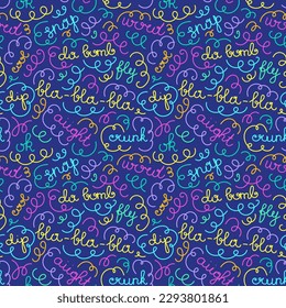 Trendy bright squiggles seamless pattern. Fun line doodle shapes with slang of 90s and curly confetti. Simple childish print. For textile, backdrop, packaging