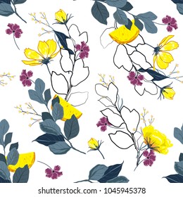 Trendy bright Summer blooming garden outline and hand painting flowers many kind of floral in seamless pattern vector illustration on white background