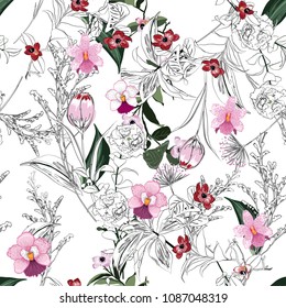 Trendy bright Summer blooming garden and forest outline and hand painting flowers many kind of floral in seamless pattern vector illustration on white background