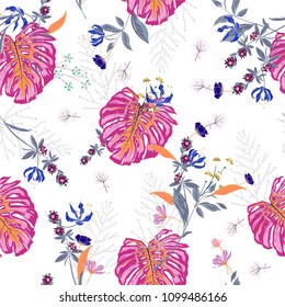 Trendy  bright tropical Floral pattern in the many kind of flowers. Seamless vector texture. for fashion prints. Printing with in hand drawn style on white background.