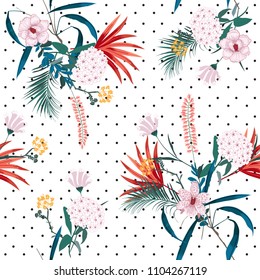 Trendy and bright tropical jungle and blooming florals mix with trendy small polkadot ,seamless pattern in vector for fashion fabric and all prints on white background.