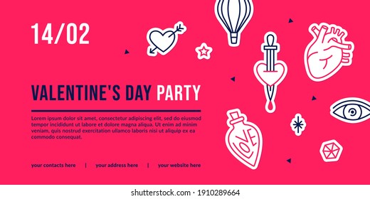 Volante de moda y brillante vector para la fiesta de San Valentín. Ilustraciones sobre el tema de enamorarse. Adecuado para eventos, invitaciones, postales, banners web y anuncios en medios sociales.
