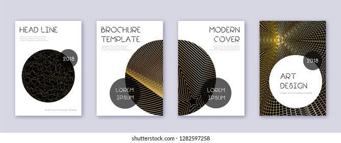 Trendy brochure design template set. Gold abstract lines on black background. Bewitching brochure design. Marvelous catalog, poster, book template etc.