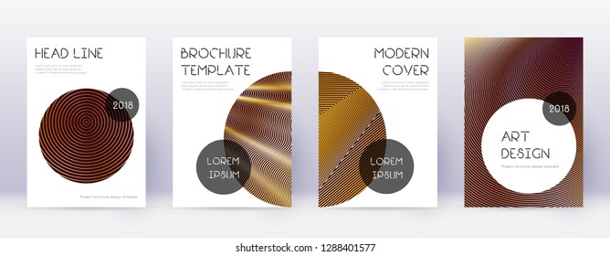 Trendy brochure design template set. Gold abstract lines on bordo background. Bewitching brochure design. Symmetrical catalog, poster, book template etc.