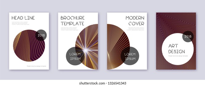 Trendy brochure design template set. Gold abstract lines on bordo background. Bewitching brochure design. Radiant catalog, poster, book template etc.