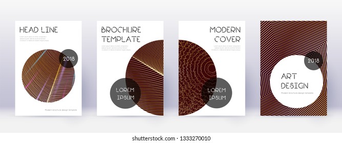 Trendy brochure design template set. Gold abstract lines on bordo background. Bewitching brochure design. Tempting catalog, poster, book template etc.