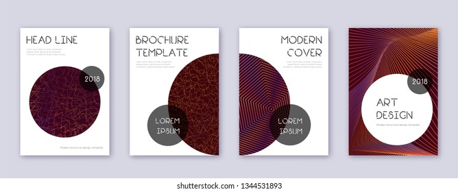 Trendy brochure design template set. Orange abstract lines on wine-red background. Bizarre brochure design. Likable catalog, poster, book template etc.
