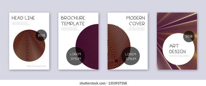 Trendy brochure design template set. Gold abstract lines on bordo background. Bewitching brochure design. Ravishing catalog, poster, book template etc.