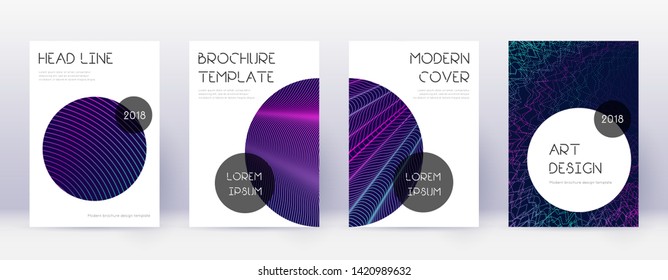 Trendy brochure design template set. Neon abstract lines on dark blue background. Bizarre brochure design. Energetic catalog, poster, book template etc.