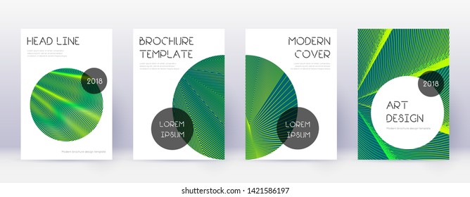 Trendy brochure design template set. Green abstract lines on dark background.  Classy catalog, poster, book template etc.