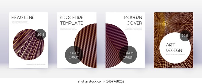 Trendy brochure design template set. Gold abstract lines on dark red background. Bewitching brochure design. Wondrous catalog, poster, book template etc.