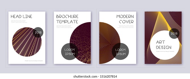 Trendy brochure design template set. Gold abstract lines on bordo background. Bewitching brochure design. Shapely catalog, poster, book template etc.