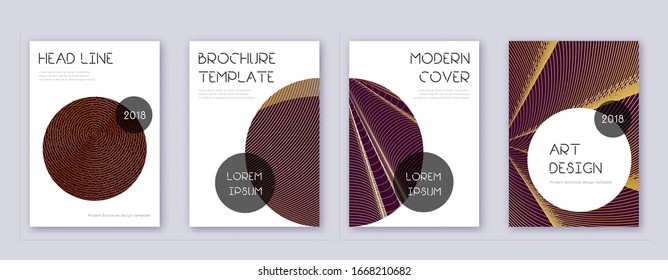 Trendy brochure design template set. Gold abstract lines on bordo background. Bewitching brochure design. Splendid catalog, poster, book template etc.