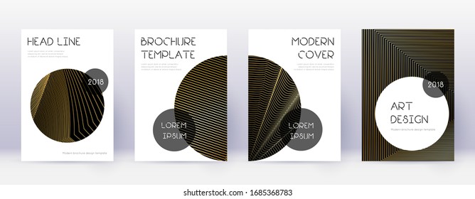 Trendy brochure design template set. Gold abstract lines on black background. Bewitching brochure design. Popular catalog, poster, book template etc.