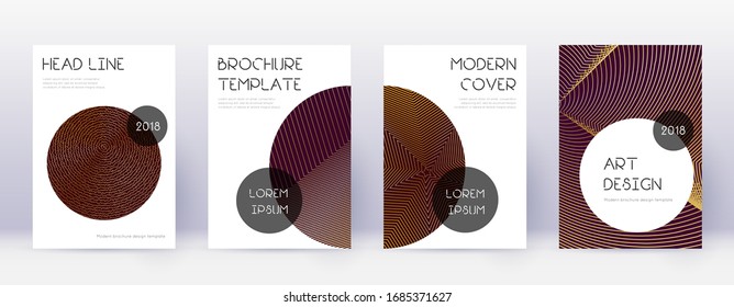 Trendy brochure design template set. Gold abstract lines on bordo background. Bewitching brochure design. Valuable catalog, poster, book template etc.