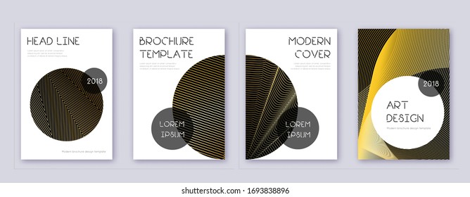 Trendy brochure design template set. Gold abstract lines on black background. Bewitching brochure design. Memorable catalog, poster, book template etc.