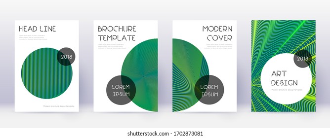 Trendy brochure design template set. Green abstract lines on dark background. Bizarre brochure design. Charming catalog, poster, book template etc.