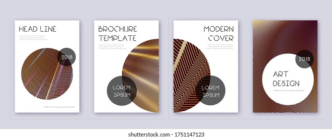 Trendy brochure design template set. Gold abstract curved lines on bordo colorbackground. Bewitching brochure design. Stylish catalog, poster, book template etc.