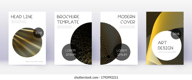 Trendy brochure design template set. Gold abstract lines on black background. Bewitching brochure design. Quaint catalog, poster, book template etc.