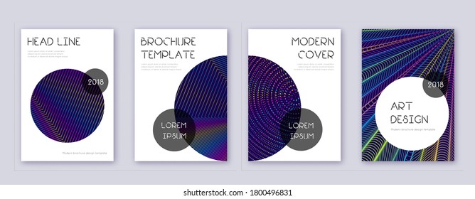 Trendy Broschüren Design Template Set. Abstrakte Regenbogen-Linien auf dunkelblauem Hintergrund. Bizarre Broschürendesign. Herrlicher Katalog, Poster, Buchvorlage etc.