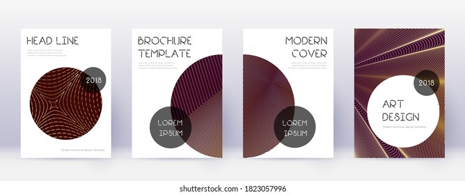 Trendy brochure design template set. Gold abstract lines on bordo background. Bewitching brochure design. Unique catalog, poster, book template etc.