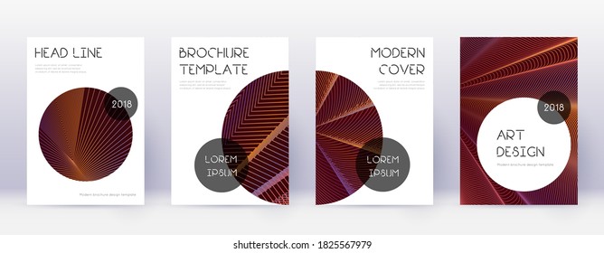 Trendy brochure design template set. Orange abstract lines on wine red background. Bizarre brochure design. Fine catalog, poster, book template etc.