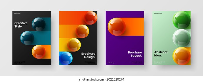 Trendy brochure design vector layout set. Vivid realistic spheres poster template composition.