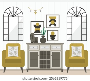 Trendy brown and golden living room interior with windows, wine rack cabinet, armchairs, cushions, wall art frames, plant pot and abstract decoration faces design elements posters