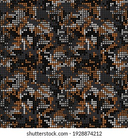 Trendy brown and orange halftone dots camo, seamless background. Digital camouflage, military style texture. Vector