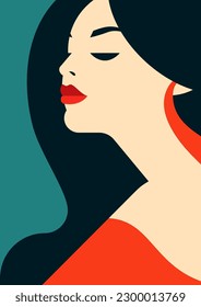 Trendy brunette retro woman fashion red lips makeup paint color minimal poster vector flat illustration. Beautiful romantic female portrait contemporary artwork card for Mother's Day t shirt print