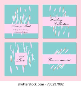 Trendy Brush Creative Gentle Wedding invitation. Artistic vector background collection. Pastel and Gold cards design. Fashion banner, headers, greeting cards, bridal shower, birthday, anniversary.