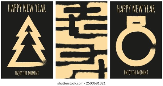 Trendy Brush Stroke style new year greeting card covers set. Template of postcard with hand drawn stroke christmas tree. Doodle vector aesthetic for poster print social media post. EPS 10