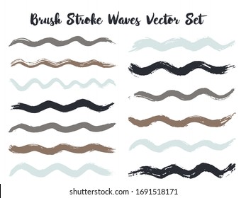 Trendy brush stroke waves vector set. Hand drawn grey black brushstrokes, ink splashes, watercolor splats, hand painted curls. Color combinations catalog elements. Summer design paint brush curves.