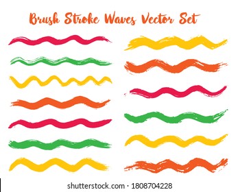 Trendy brush stroke waves vector set. Hand drawn red green brushstrokes, ink splashes, watercolor splats, hand painted curls. Color combinations catalog elements. Textured waves, stripes design.